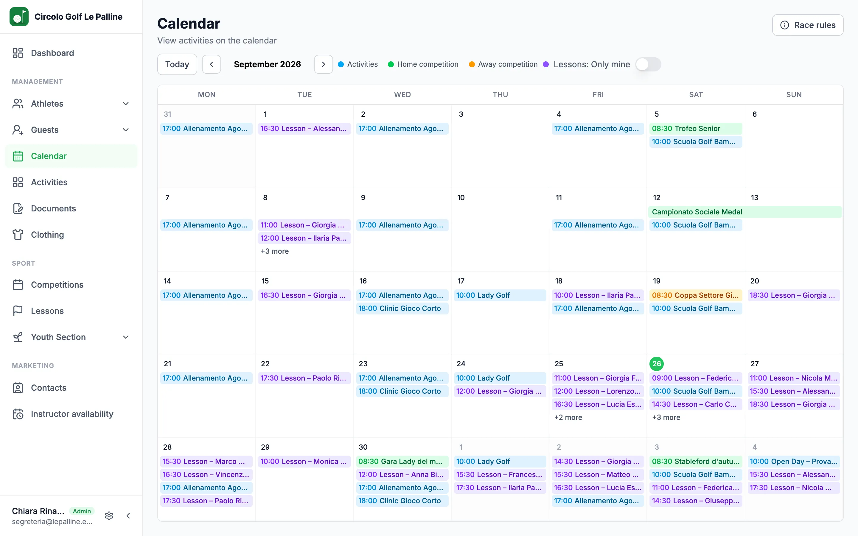 Monthly calendar with activities, home and away competitions and lessons