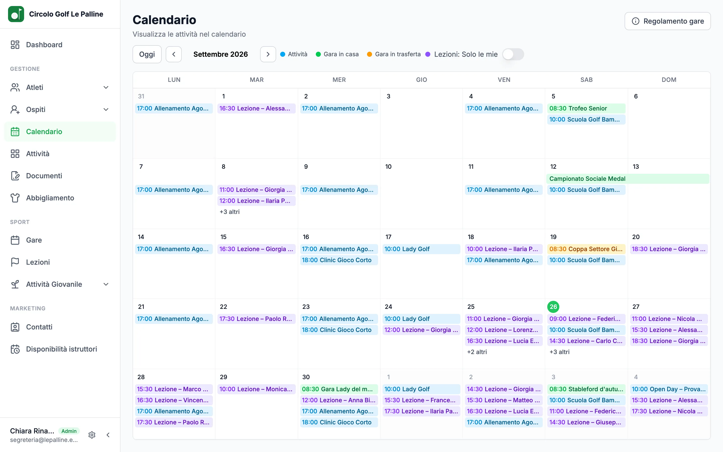 Calendario del mese con attività, gare in casa e in trasferta e lezioni