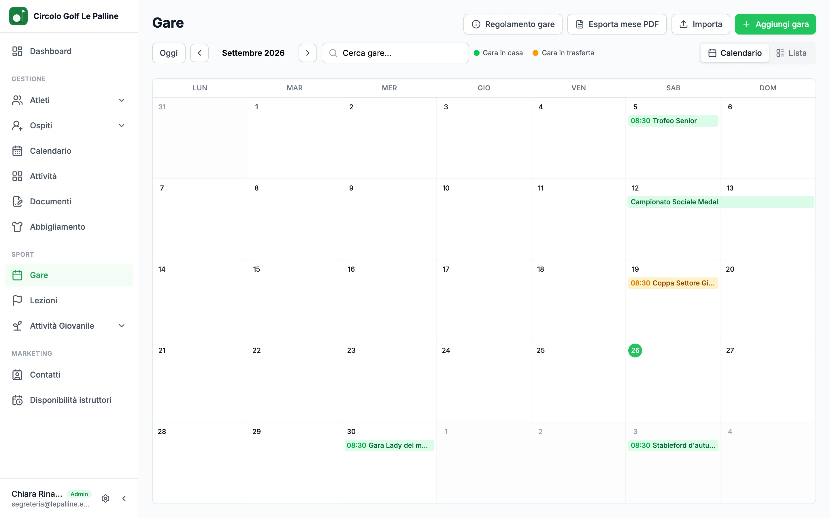 Calendario delle gare del mese, in casa e in trasferta, con l'esportazione in PDF