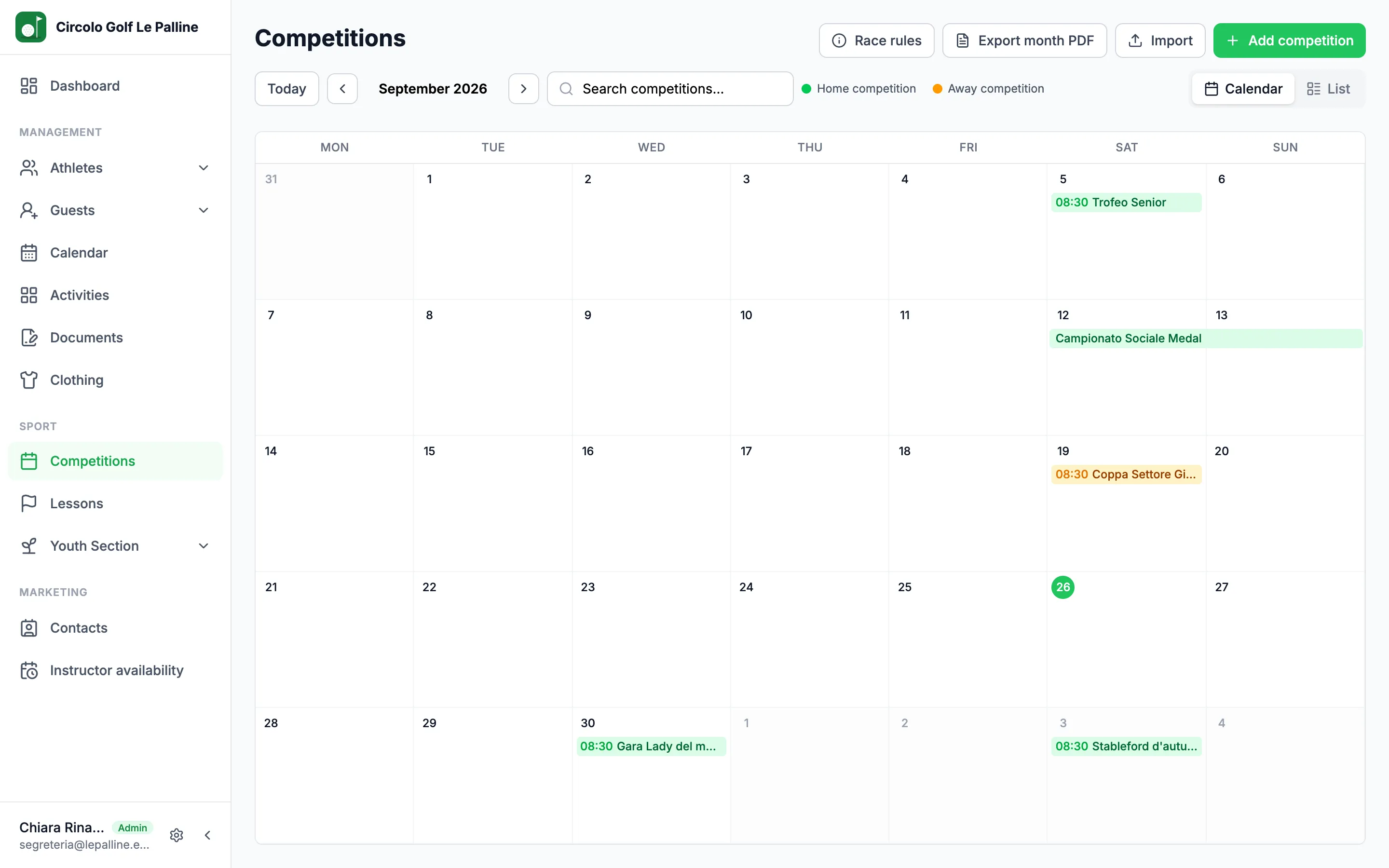 The month's competition calendar, home and away, with PDF export