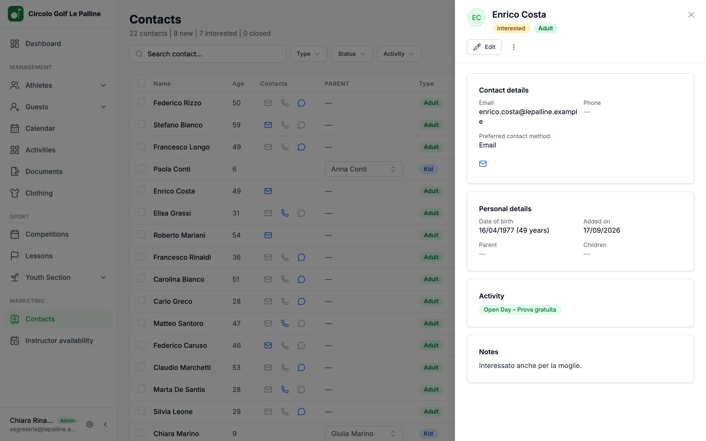 A lead's record with contact details, personal details, activities and notes