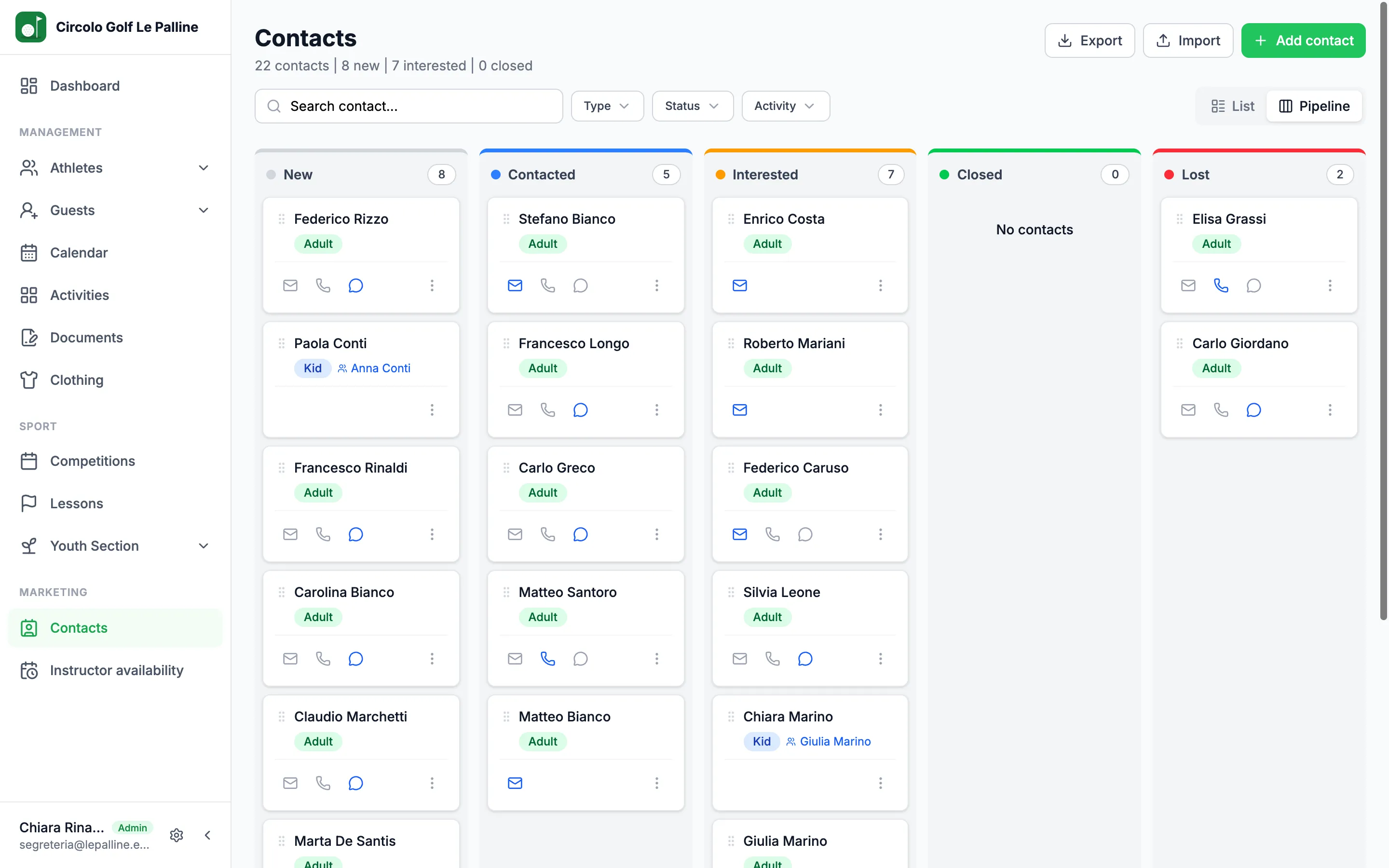 Lead pipeline in columns: new, contacted, interested, closed and lost