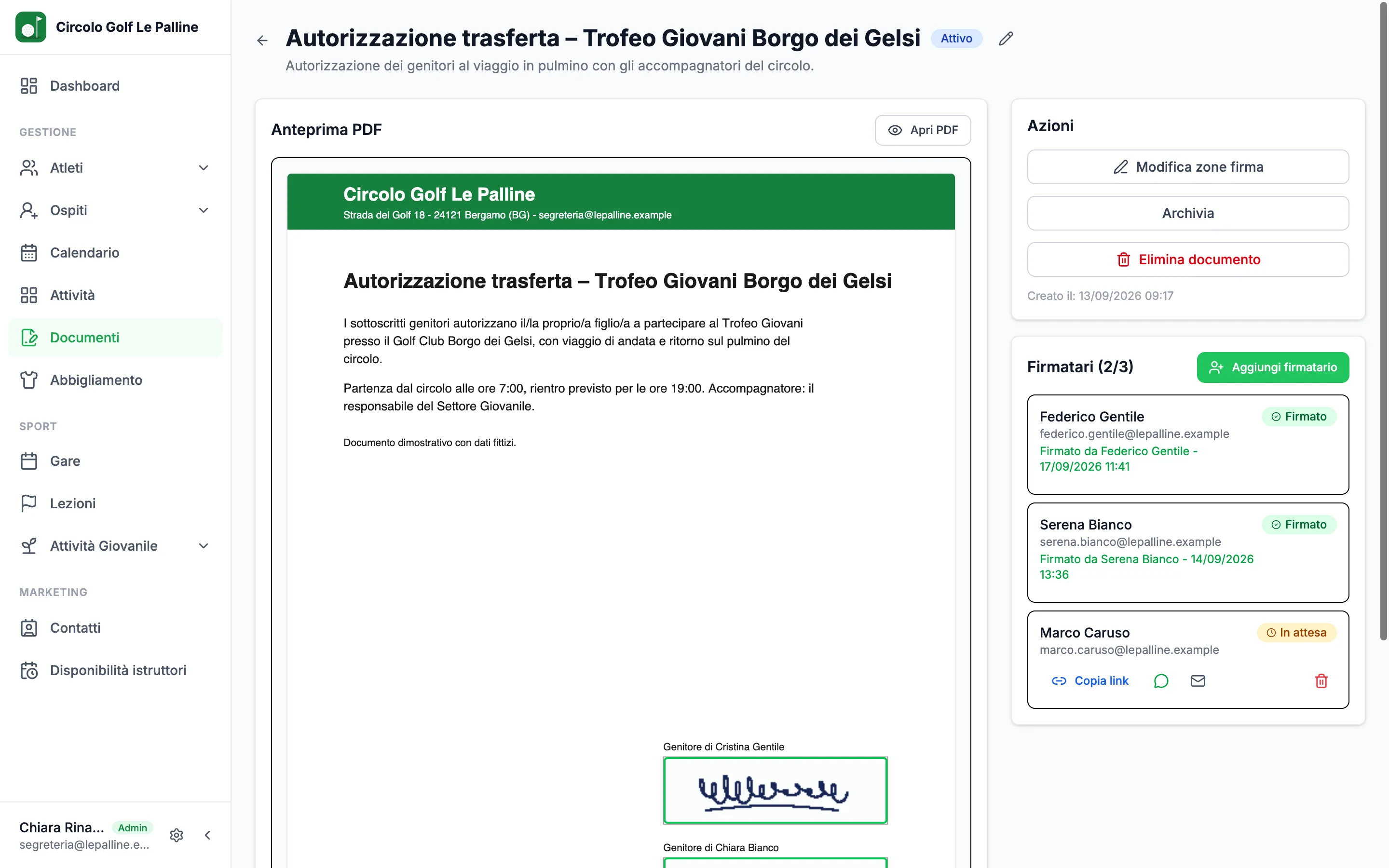 Documento PDF con le firme nelle loro zone e l'elenco dei firmatari, firmati e in attesa