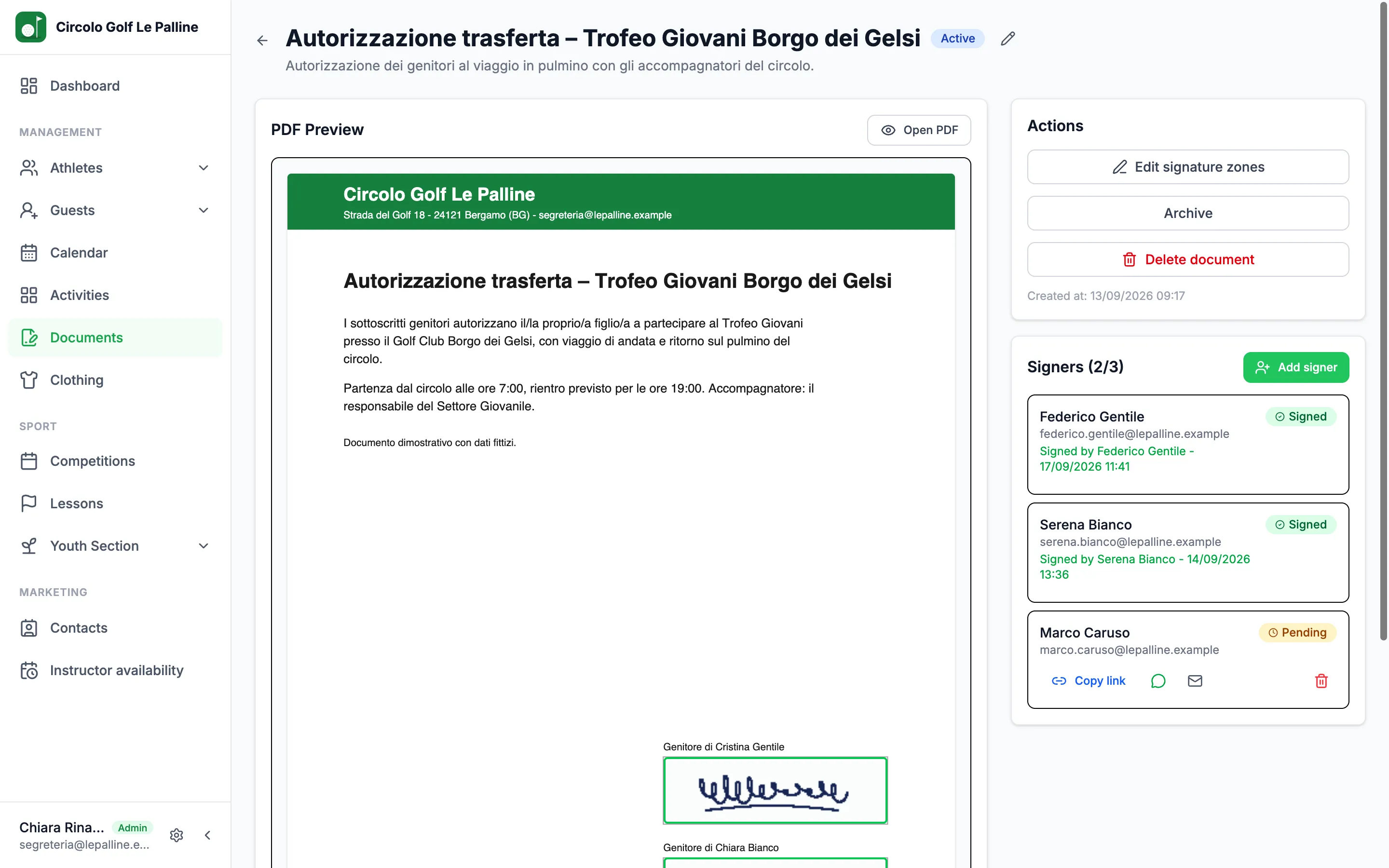 PDF document with signatures in their areas and the list of signers, signed and pending