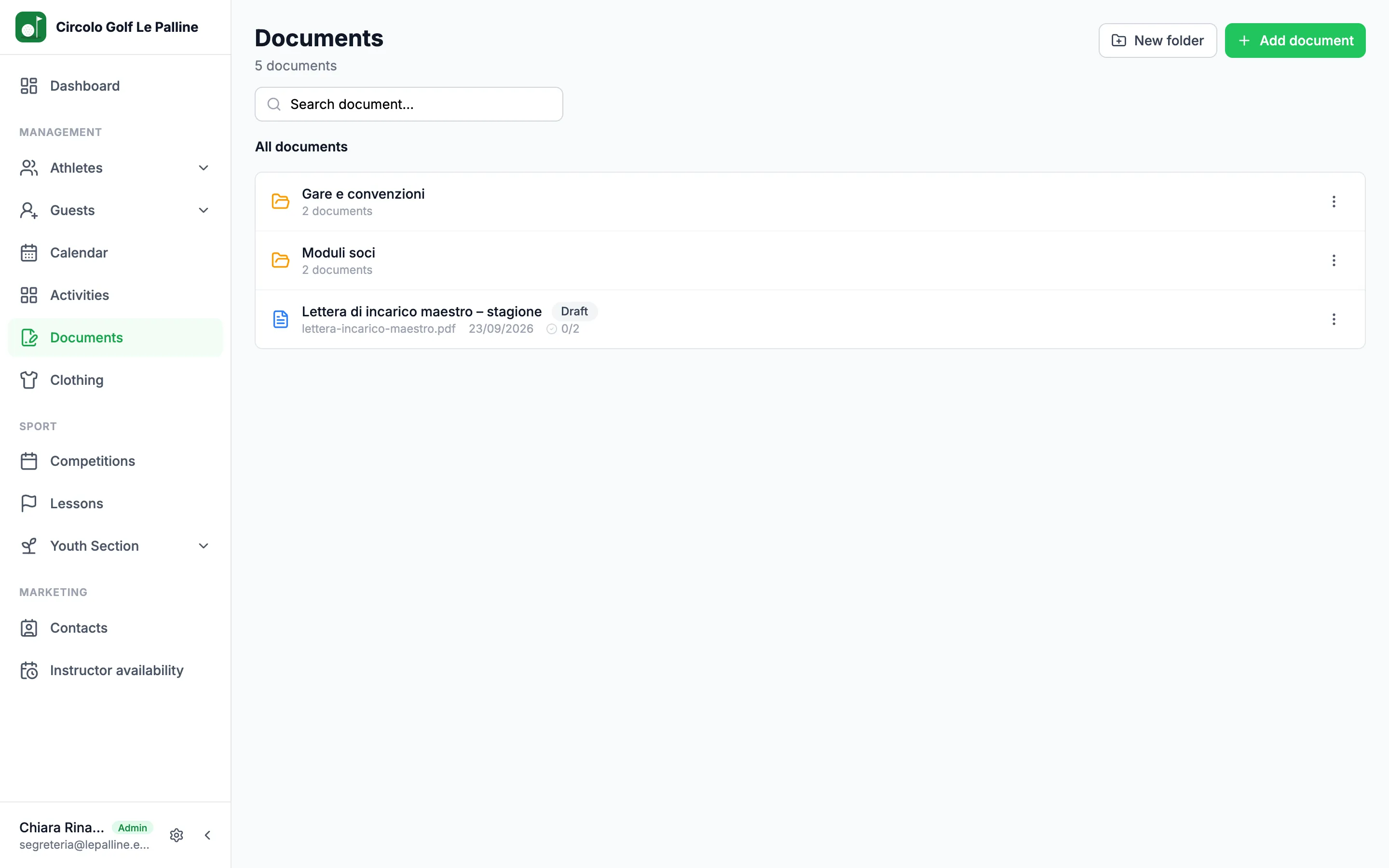 Documents organised in folders, with signature status
