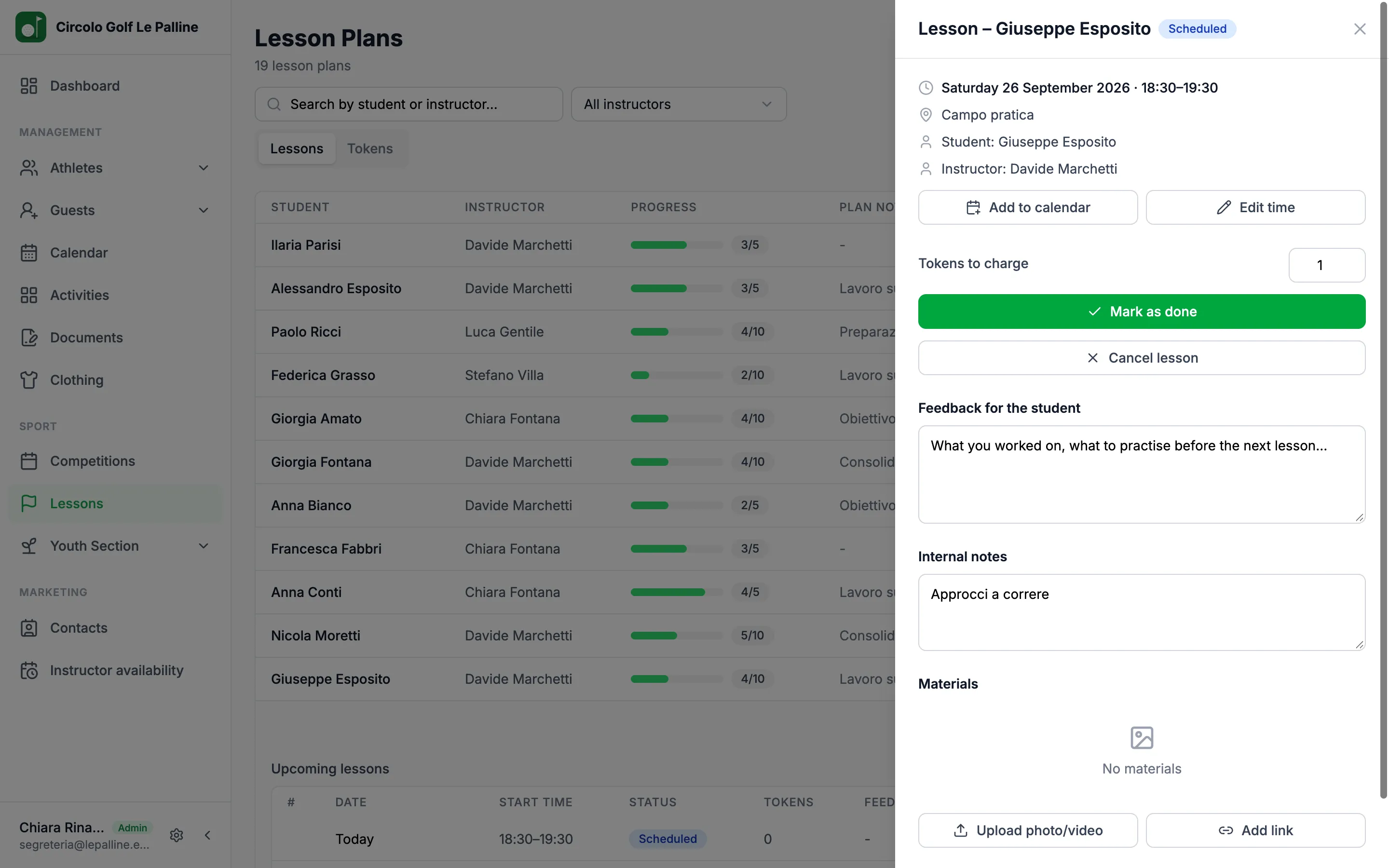 A lesson with tokens to charge, “Mark as done”, feedback for the student, internal notes and materials