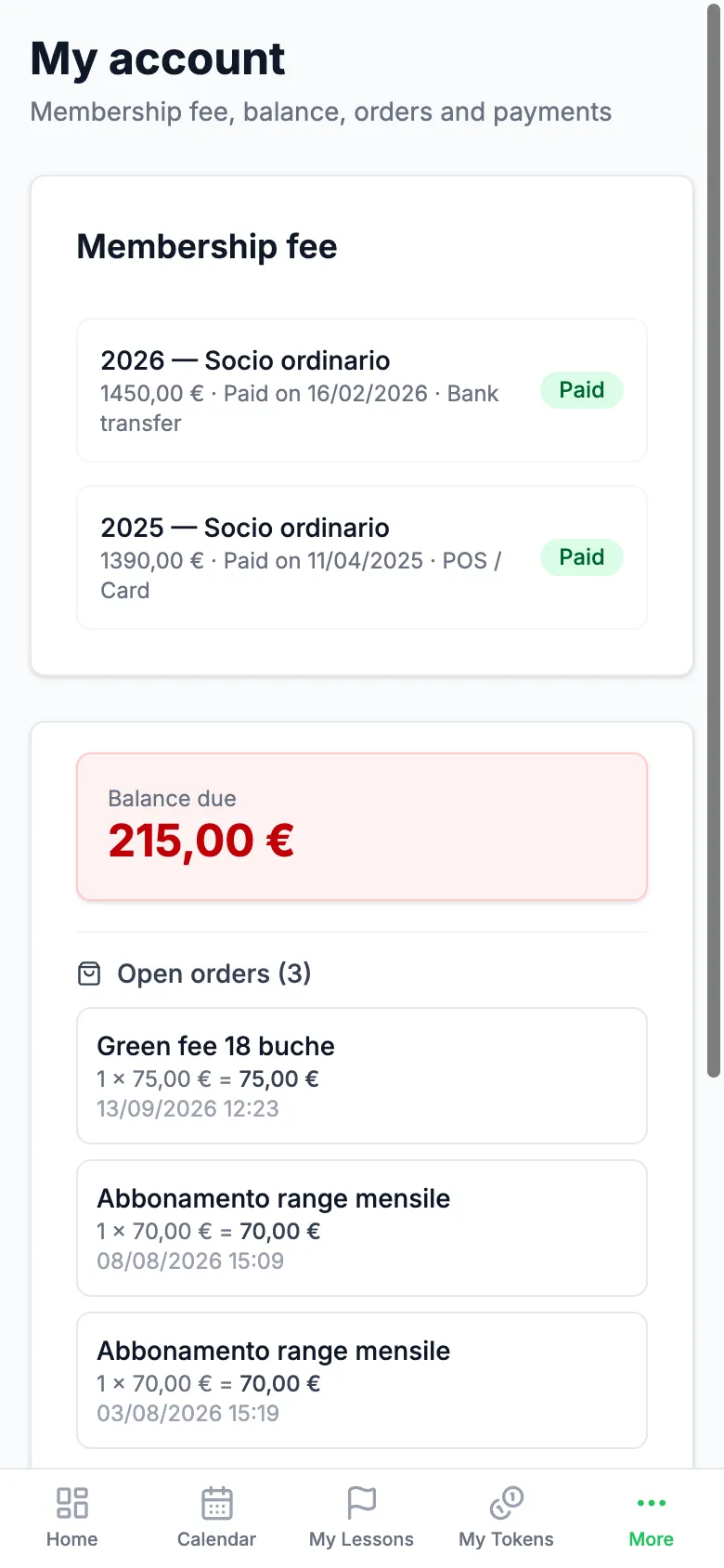 The member account on a phone: fee, balance due and open orders