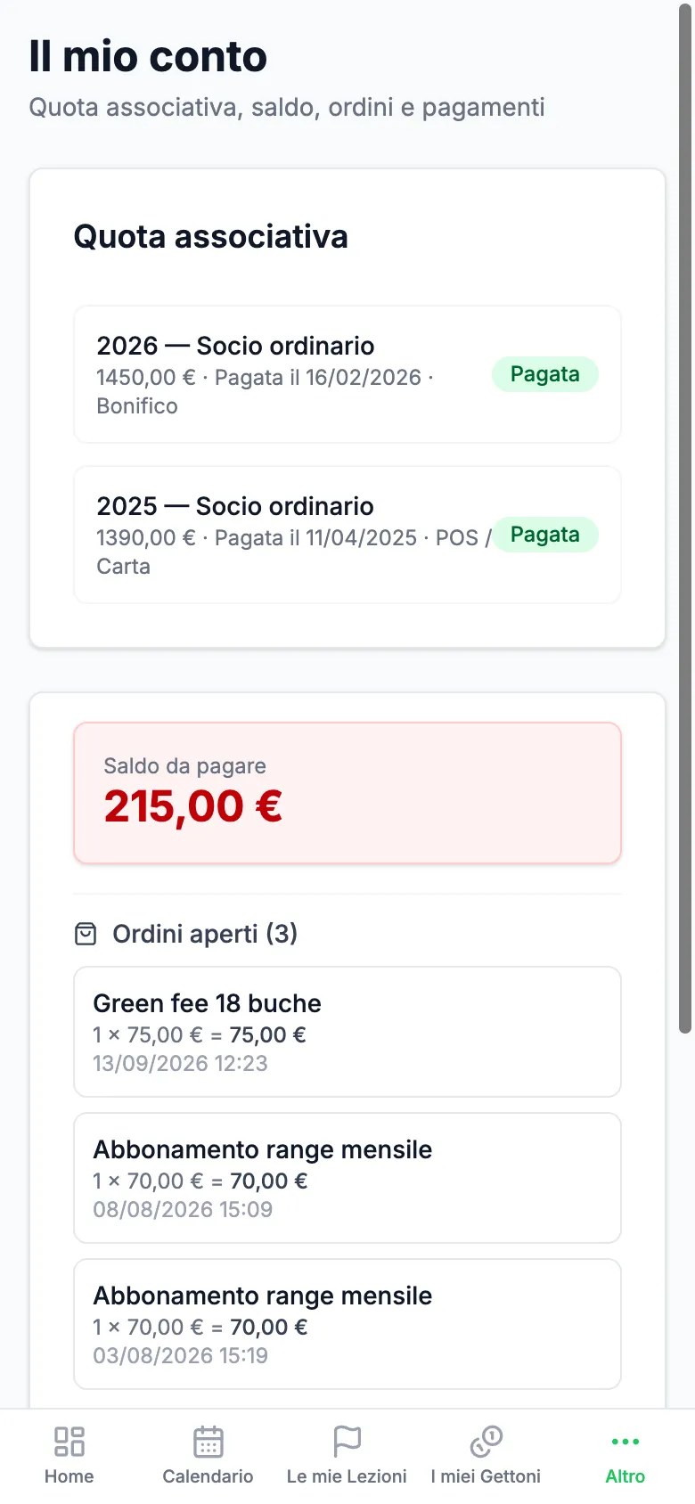 Il conto del socio su telefono: quota, saldo da pagare e ordini aperti