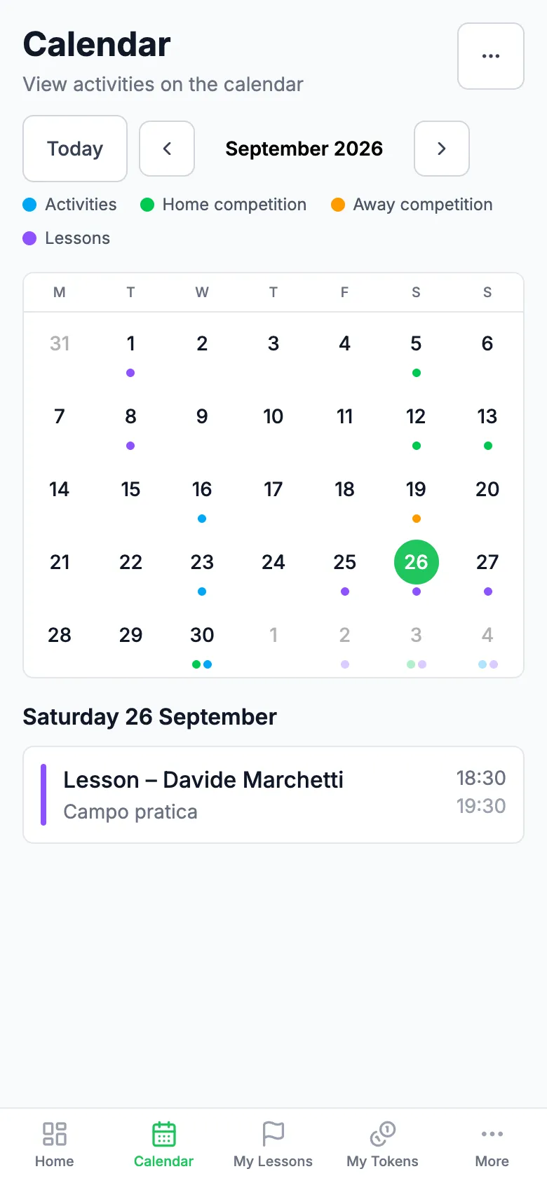 The member calendar on a phone, with the day's lessons