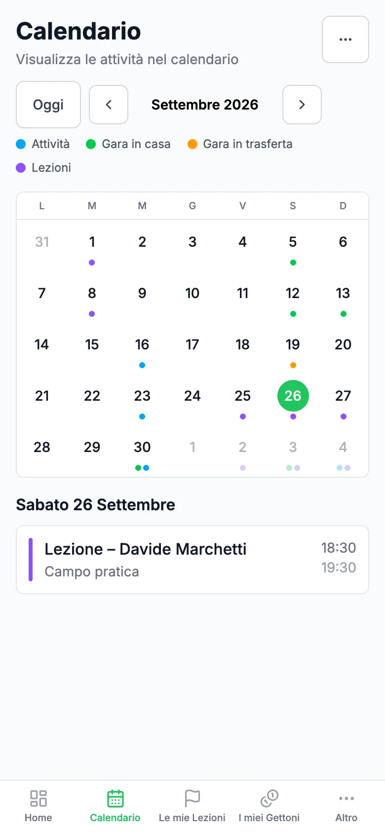 Il calendario del socio su telefono, con le lezioni del giorno