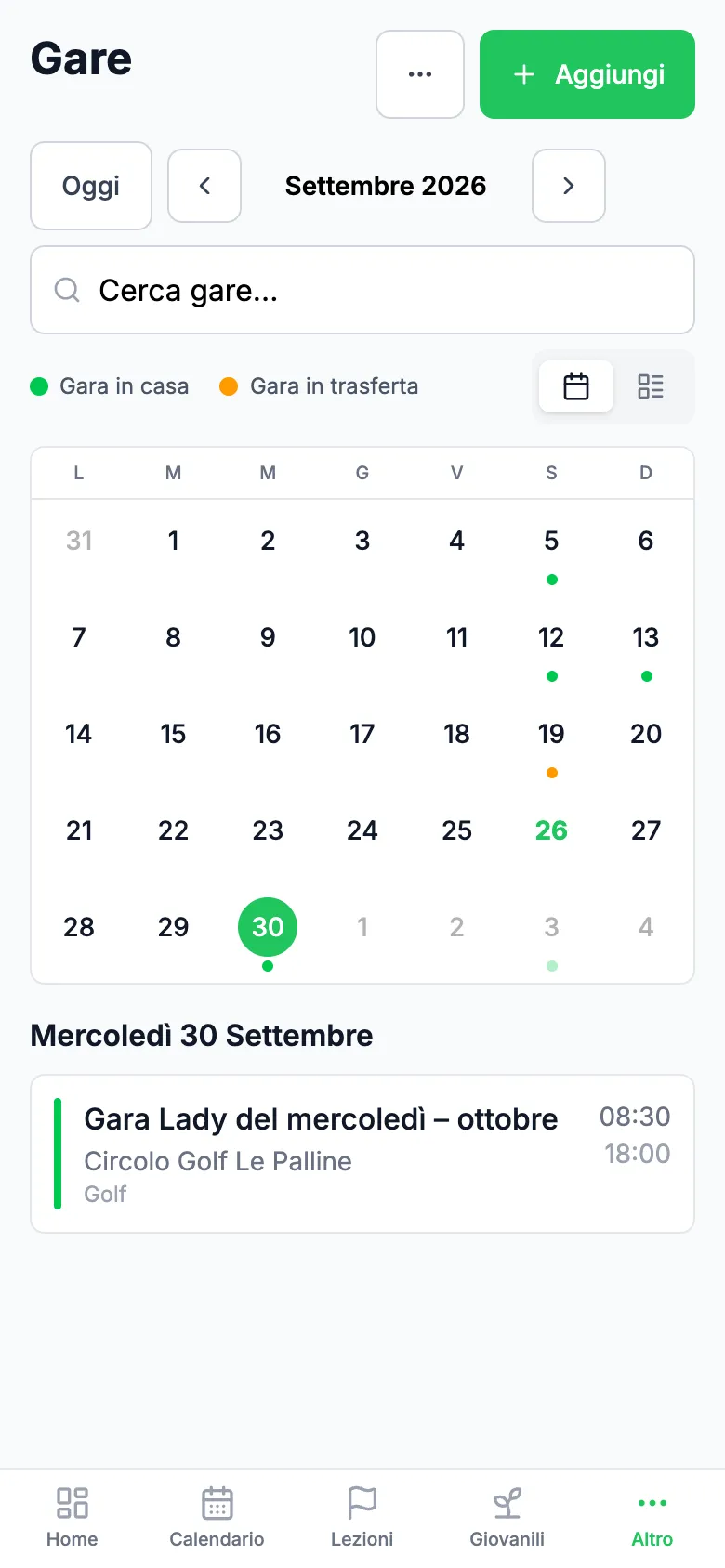 Calendario delle gare su telefono, con ricerca e gare in casa e in trasferta
