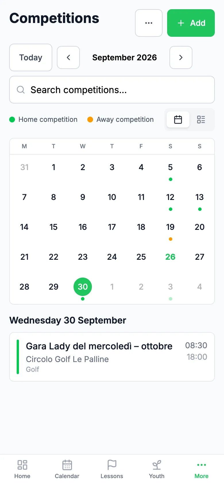 Competition calendar on a phone, with search and home and away competitions