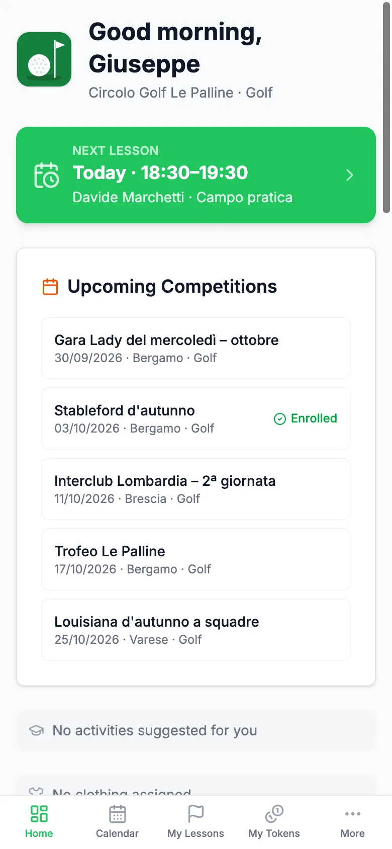 The member home screen on a phone, showing the next lesson and upcoming competitions
