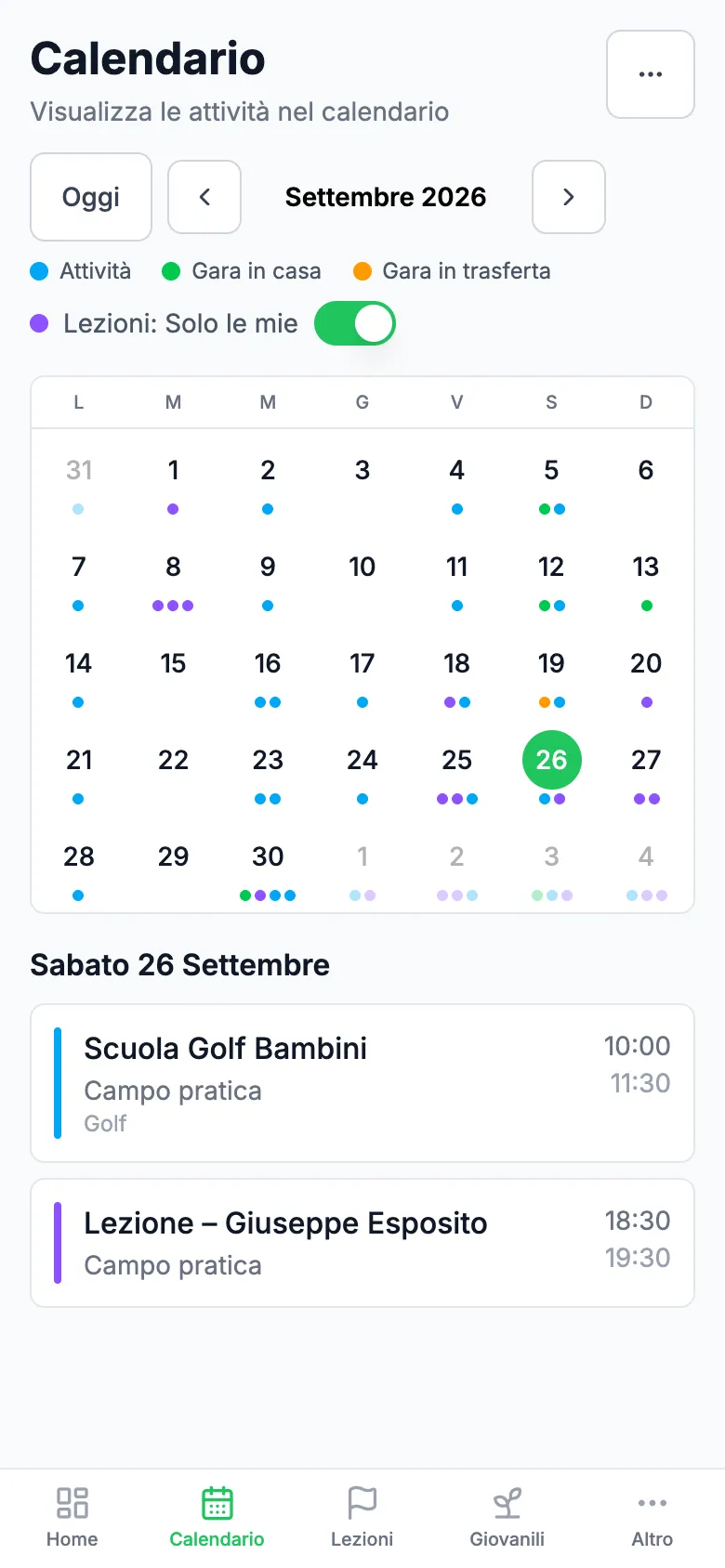 Calendario del maestro su telefono, con le sue lezioni del giorno