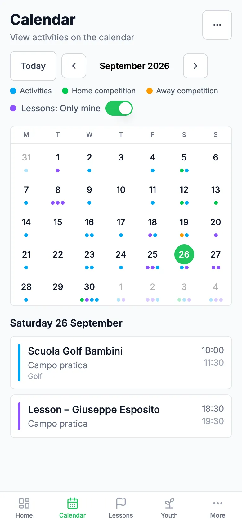 Coach calendar on a phone, with the day's own lessons