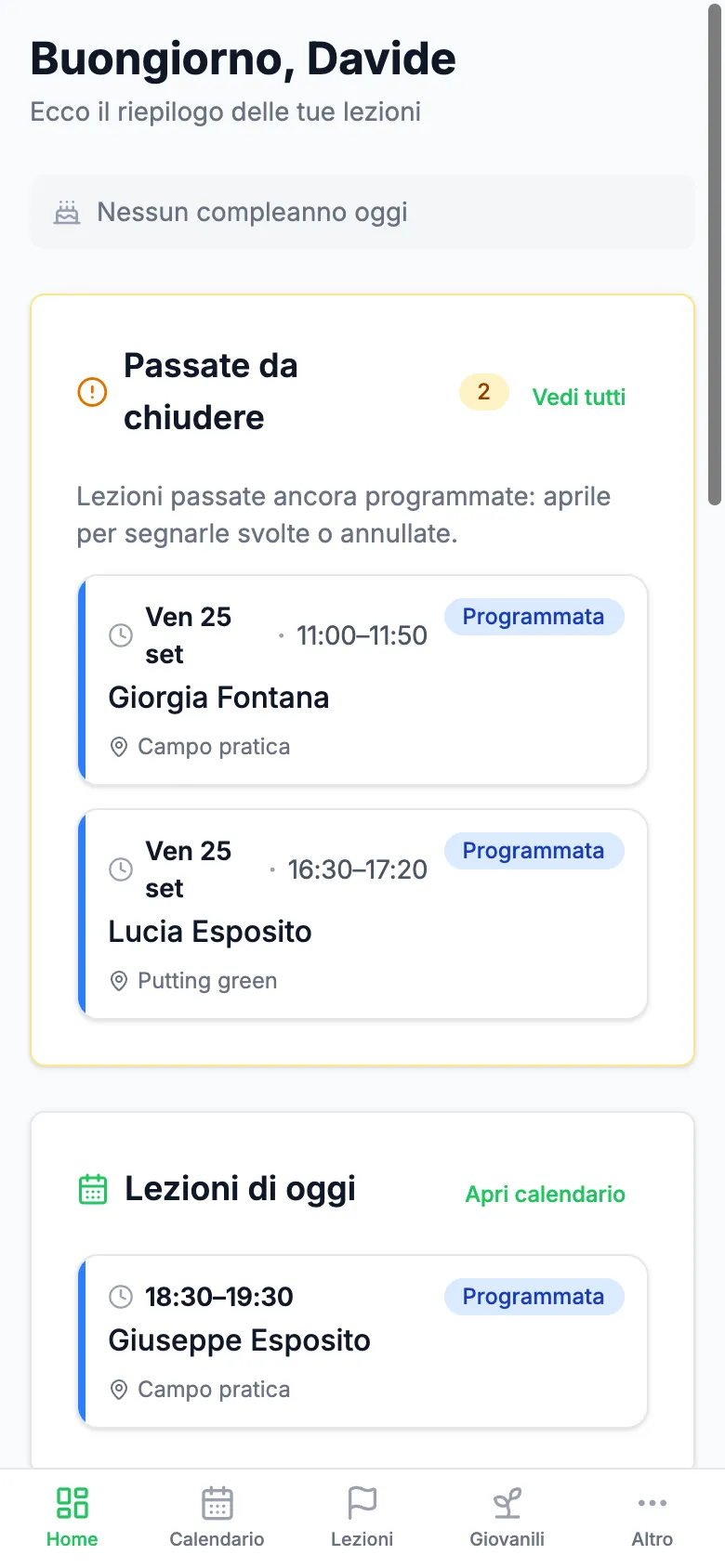 Home del maestro su telefono, con le lezioni di oggi