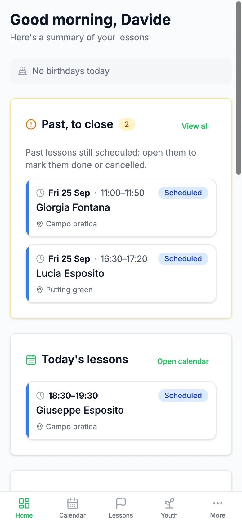 Coach home screen on a phone, with today's lessons