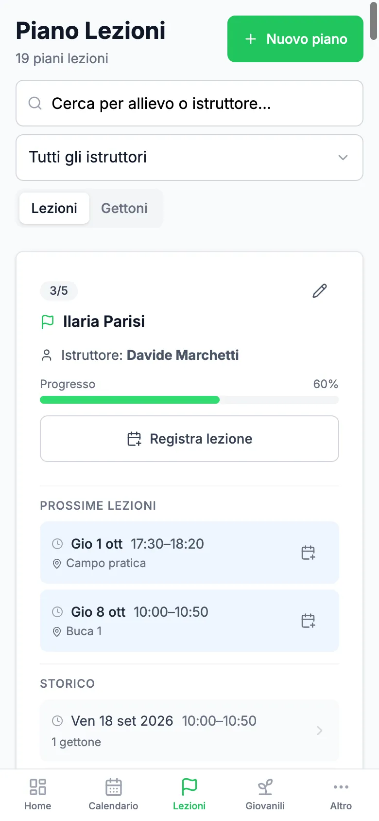 Piano lezioni del maestro su telefono: progresso, prossime lezioni e «Registra lezione»