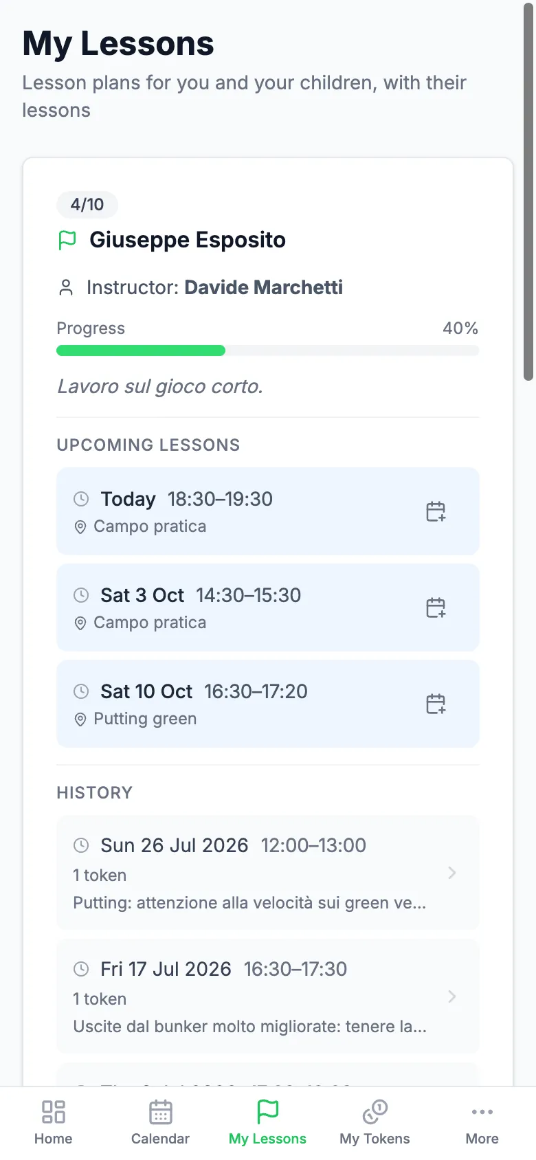 The member's lessons on a phone: plan progress, upcoming lessons and history with the coach's notes