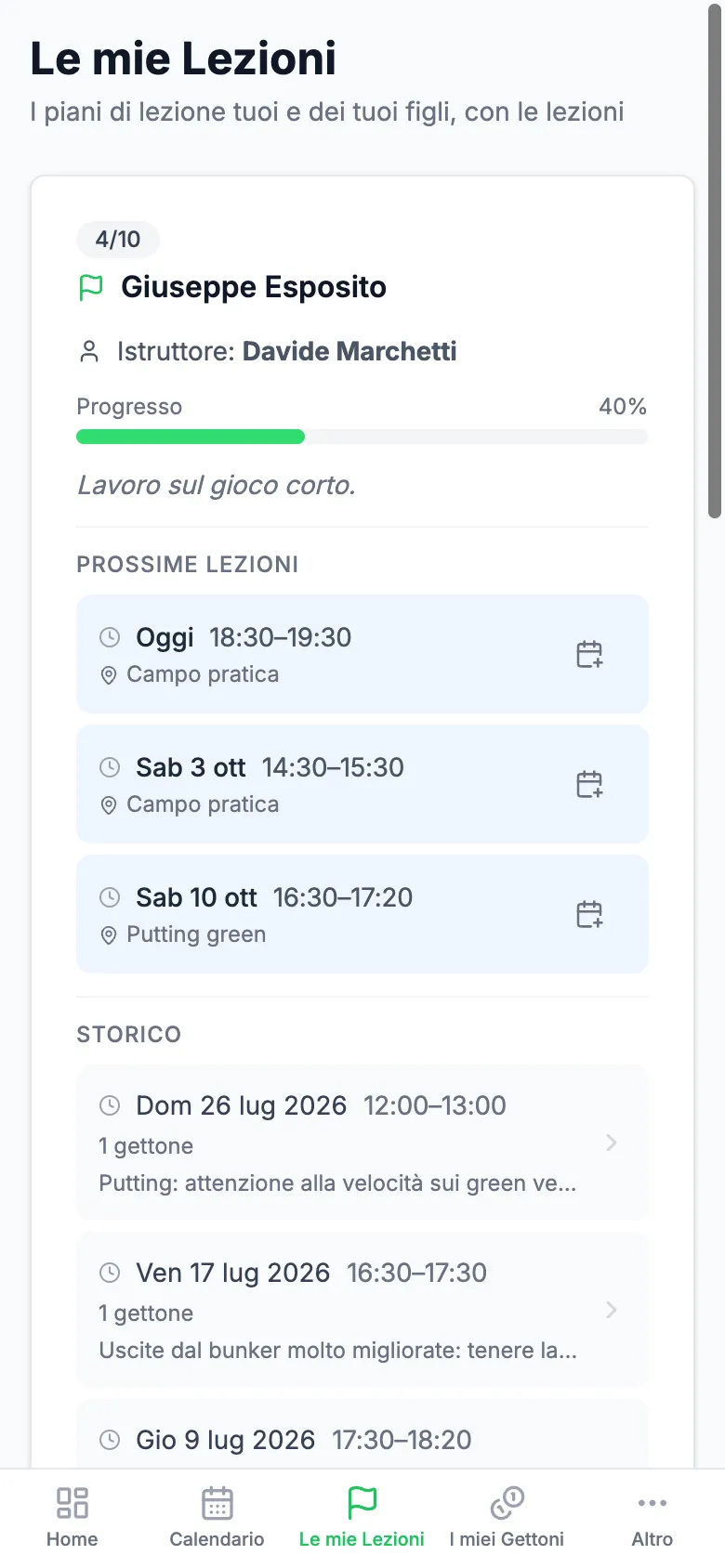 Le lezioni del socio su telefono: progresso del piano, prossime lezioni e storico con le note del maestro