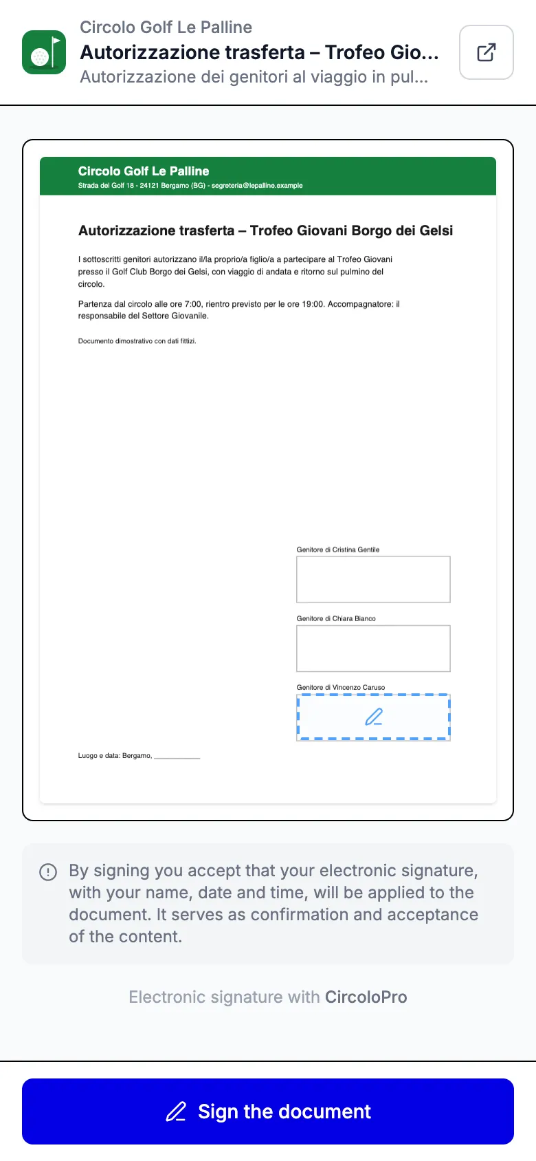 Signing a document electronically on a phone, in the marked signature area