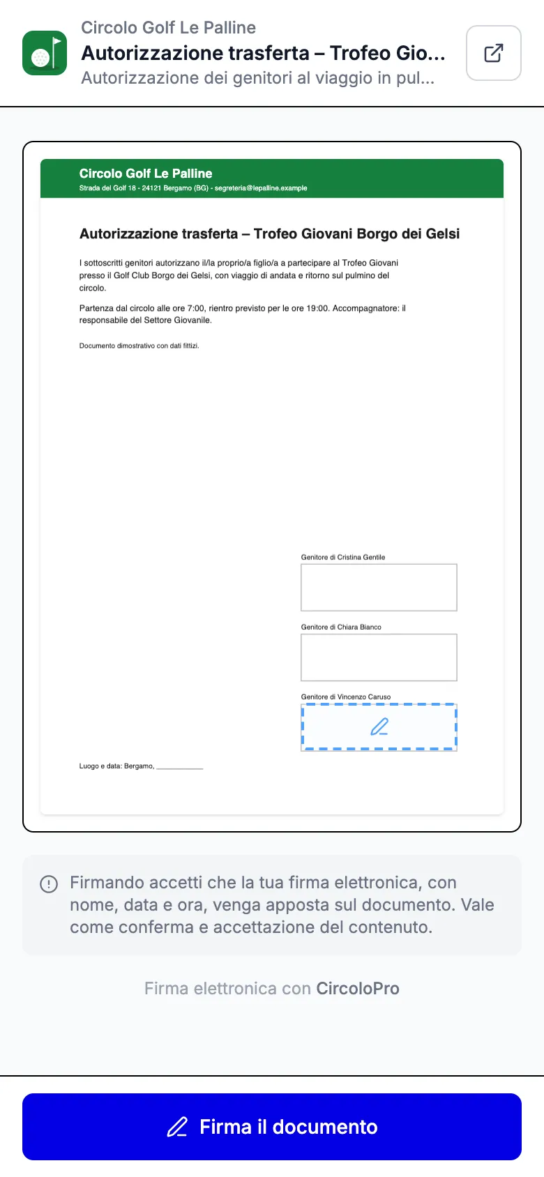 Firma elettronica di un documento da telefono, con la zona di firma indicata
