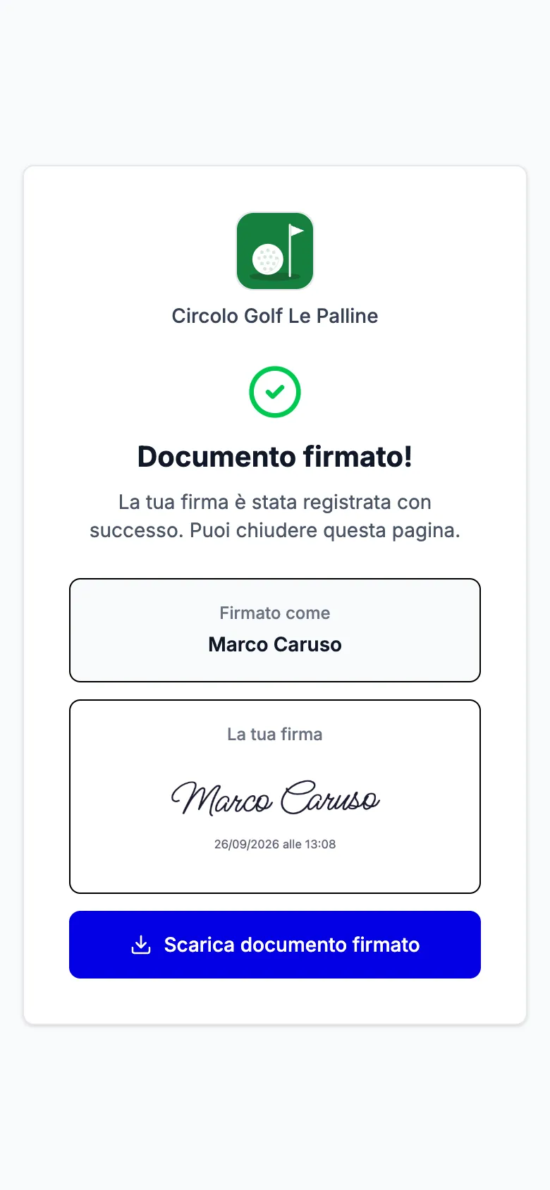 Documento firmato da telefono, con la firma e il pulsante per scaricare la copia