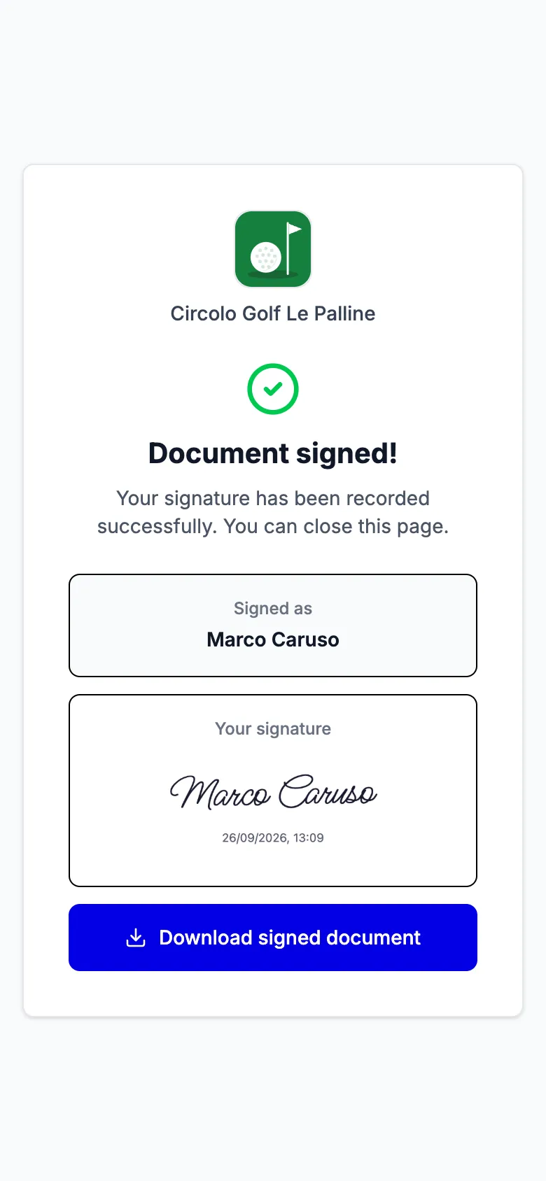 Document signed on a phone, with the signature and a button to download the copy