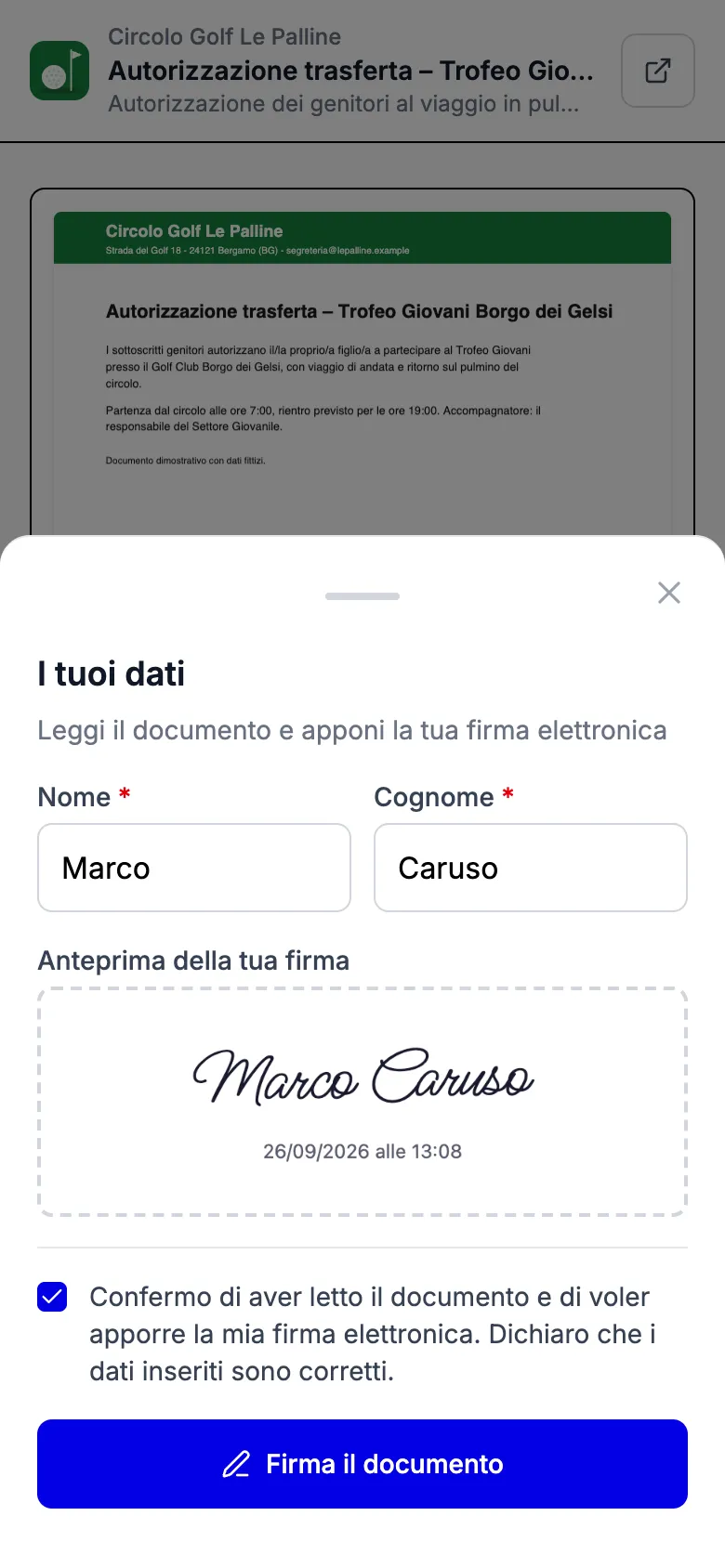 Firma da telefono: nome, cognome e anteprima della firma elettronica