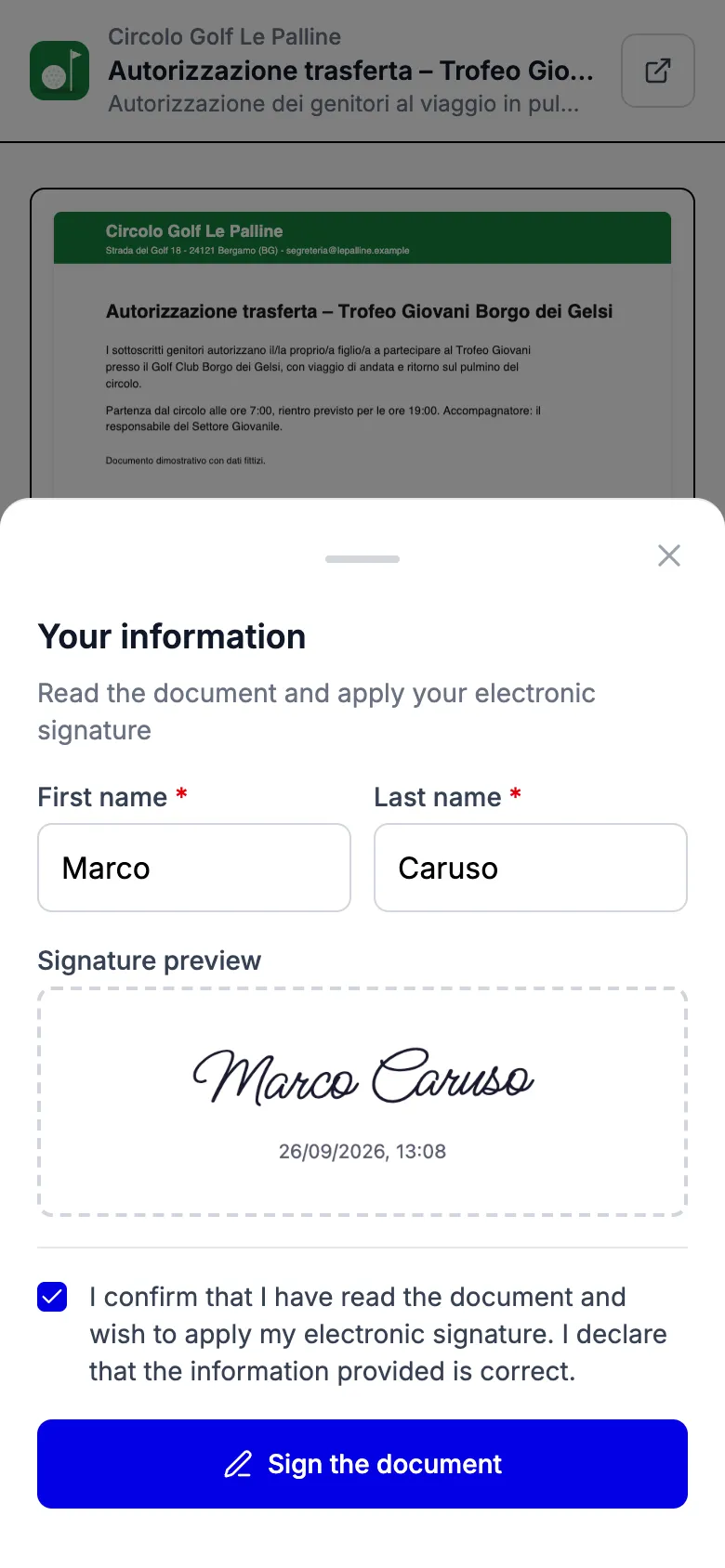 Signing on a phone: name, surname and a preview of the electronic signature