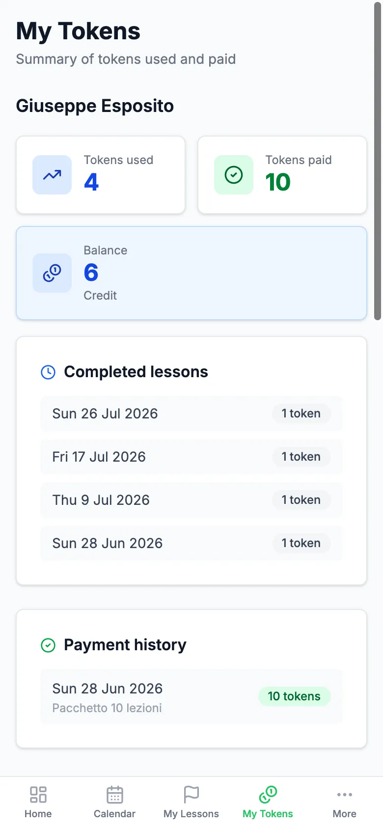 The member's tokens on a phone: used, paid, balance and completed lessons