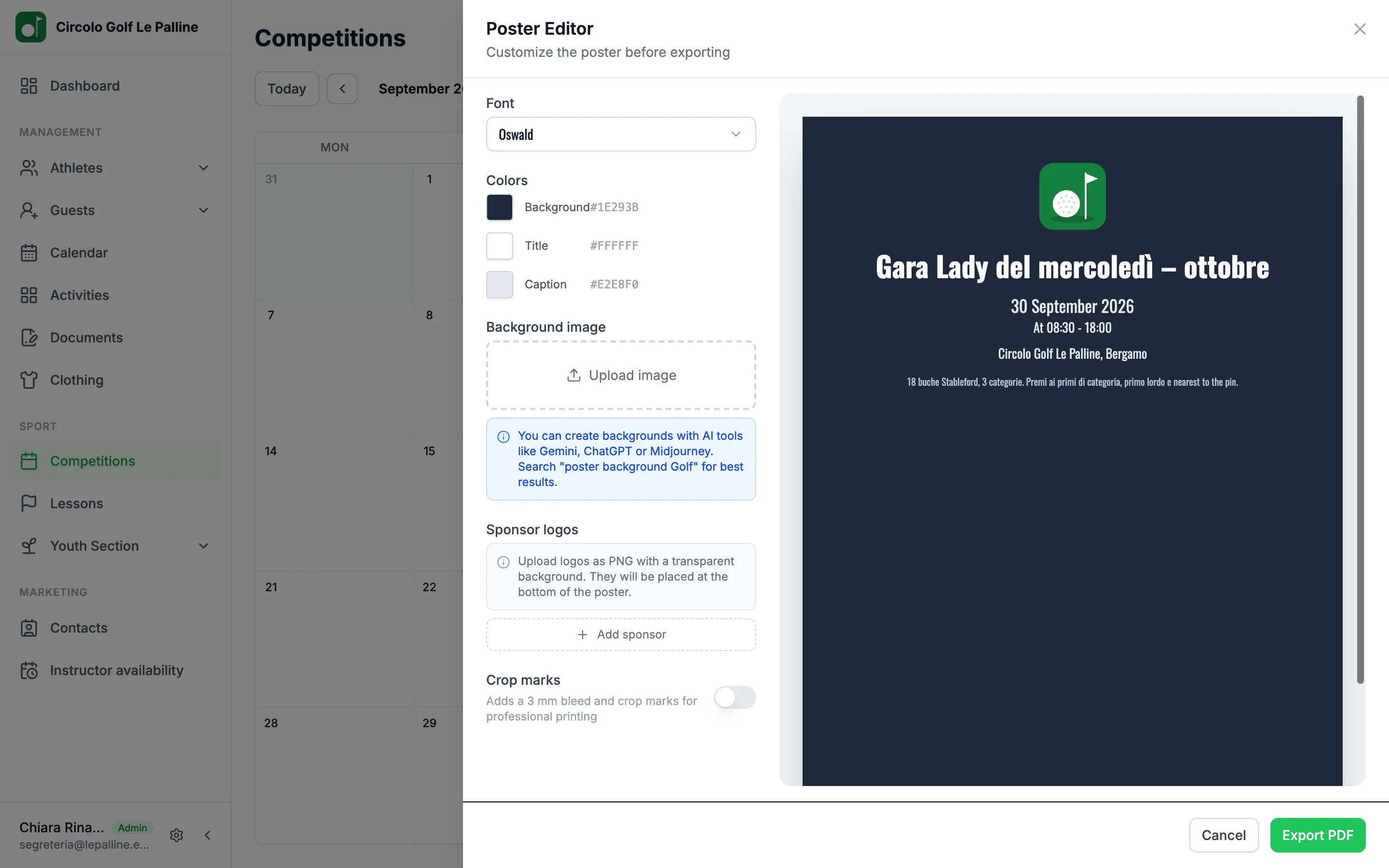 Competition poster editor: font, colours, background image and sponsor logos, with a live preview