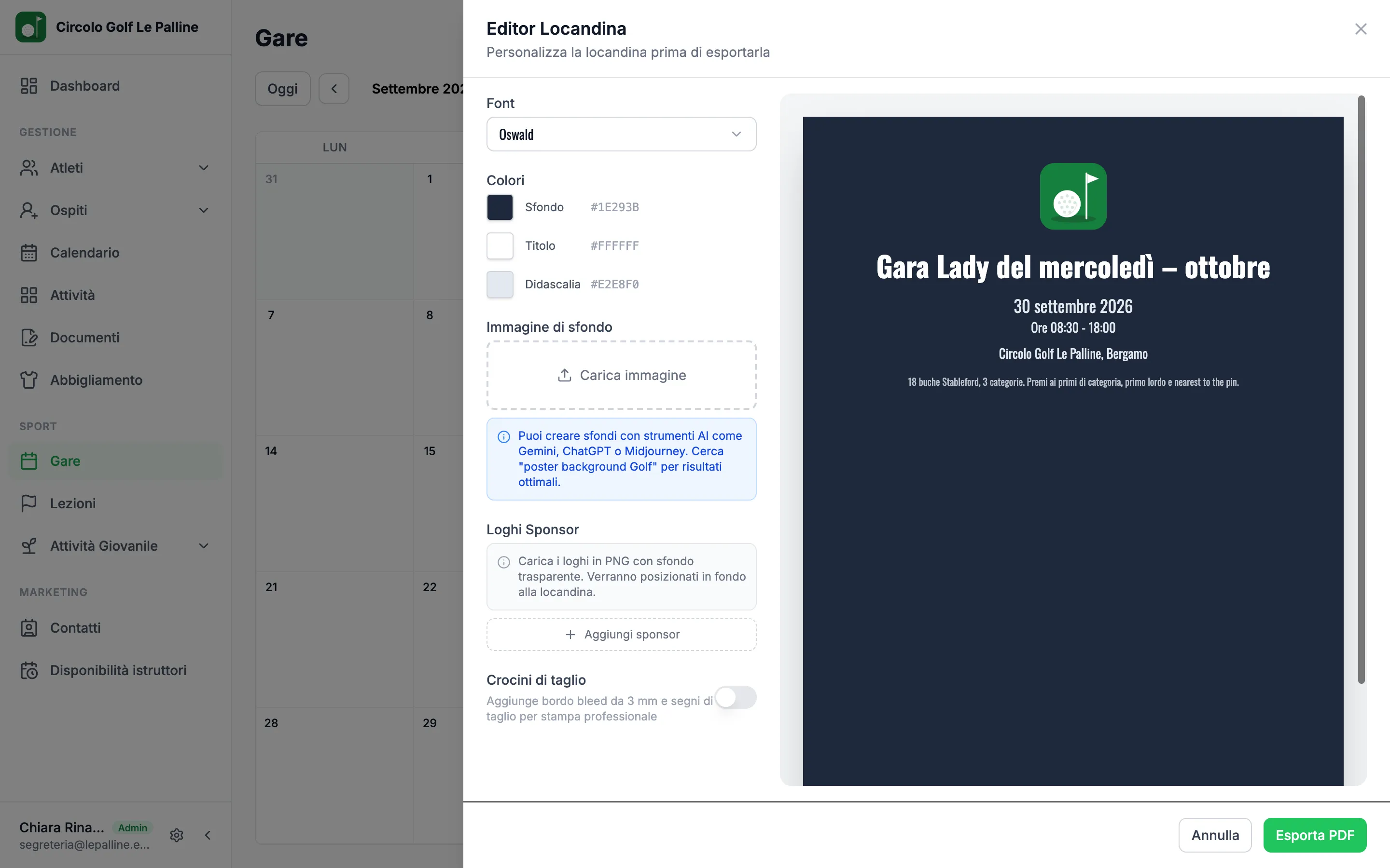Editor della locandina di una gara: font, colori, immagine di sfondo e loghi degli sponsor, con l'anteprima